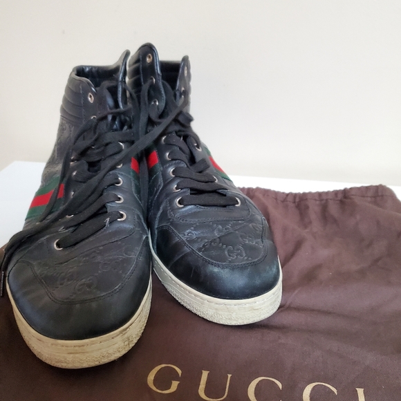 GUCCI SNEAKERS GG SIGNATURE SIZE 12 HIGHTOP 221825 LEATHER GUCCISSIMA black men - Picture 11 of 11